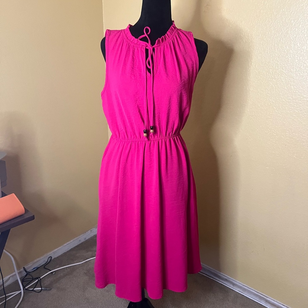 Sleeveless Fuchsia Tie-Neck A-Line Dress